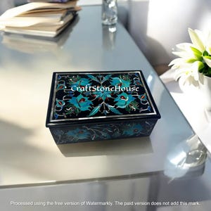 Antike schwarze Marmor Rechteck Schmuck Aufbewahrungsbox Floral Halb Edelsteine Türkis Inlay Kunst Handarbeit für Hochzeitsgeschenke