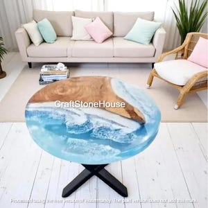 Ocean Wave Epoxy Resin Coffee Table Round Beach Style Table Top Coastal Home Decor Handmade Ocean Arts Furniture Custom Size Available