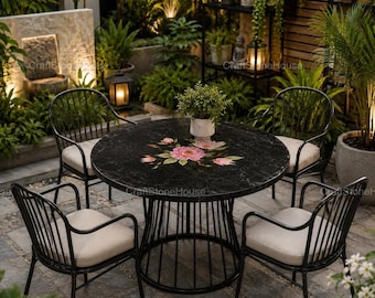 Handcrafted Black Marble Round Coffee Table Pink Floral Inlay Stone Table Luxury Patio Garden Furniture Modern Outdoor Interior