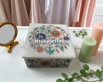 花模様の大理石製小物入れ：手作りジュエリーボックス（6インチ×4