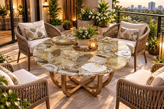 Round Agate Table Top Natural Gemstone Coffee Tabletop Handmade Stone Furniture Luxury Balcony Decor Custom Center Table Top