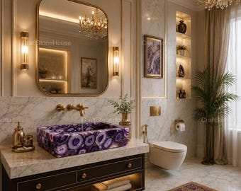 Purple Agate Stone Bathroom Sink Luxury Natural Agate Vessel Sink Handmade Rectangular Vanity Basin Modern Bathroom Decor