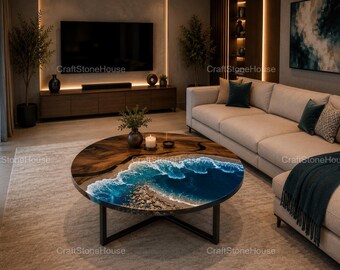 Acacia Wood River Coffee Table Round Epoxy Resin Table Top