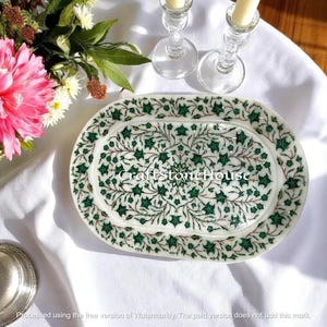 15"x10" Oval White Marble Serving Tray with Royal Look Precious Malachite Stone Pietra Dura Handmade Arts Kitchen & Dining Table Decors Gift
