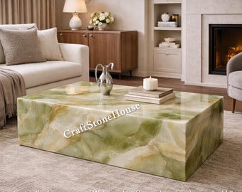 Green Onyx Stone Coffee Table Modern Rectangular Plinth Table Luxury Natural Stone Living Room Furniture