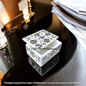 Vintage White Marble Jewelry Box Handmade Marble Trinket Box Unique Gift for Anniversary and Birthday Semiprecious Gemstones Inlay Stone Box