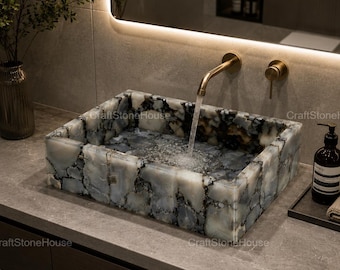 Gray Agate Stone Bathroom Sink, Luxury Rectangular Vanity Basin, Handmade Gemstone Wash Basin, Modern Bathroom Decor, Custom Stone Sink