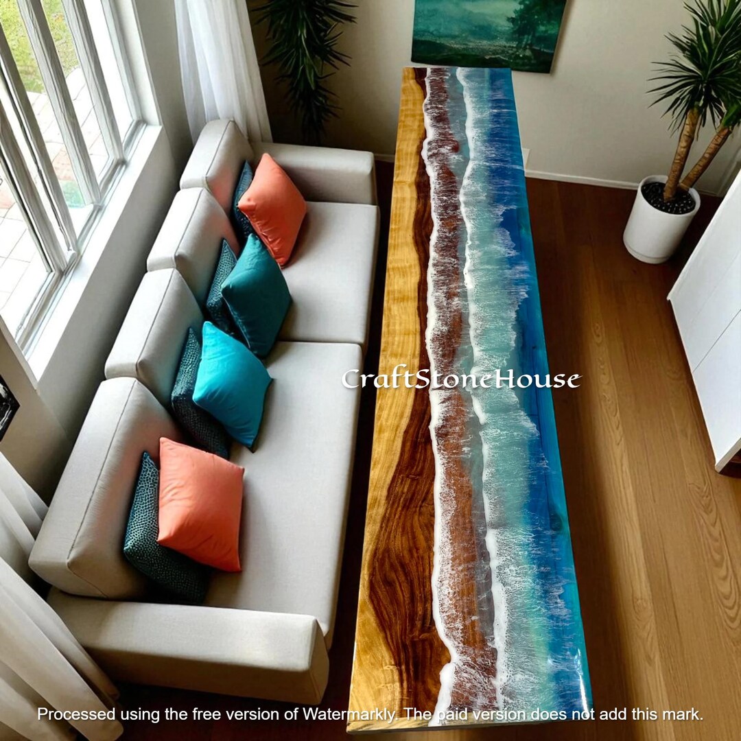 Custom Blue Ocean Wave Epoxy Resin Dining Table, Handmade Live Edge ...