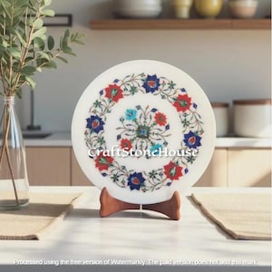 12&quot; White Round Marble Serving Plate Multi Precious Inlay Gemstone Floral Marquetry Inlay Arts Handmade Kitchen & Dining Table Deco Interior