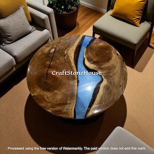 Luxury Blue Resin & Wood Coffee Table Elegant Handmade Furniture Table for Home