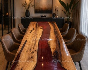 Red River Epoxy Dining Table Modern Wood Slab Top with Stand Luxury Office Desk