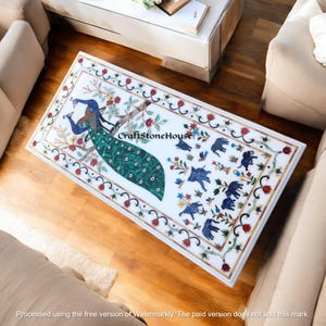 Rectangle White Marble Kitchen Dining Table Floral Semi Precious Multi Inlay Stone Peacock & Elephant Design Home Farmhouse Decor Interior