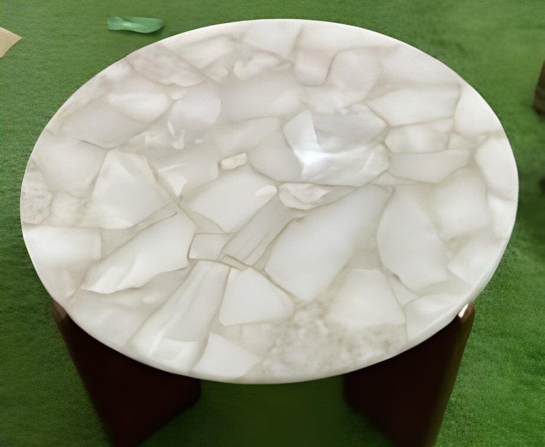 White Quartz Coffee Table Top Round/ Handmade Living Room Furniture ...