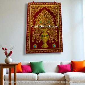 48&quot;x24&quot; Exclusive Handmade Red Velvet Zardozi Carpet – Ornate Embroidery Arts with Gold Thread & Precious Stone Inlay for Royal Interiors