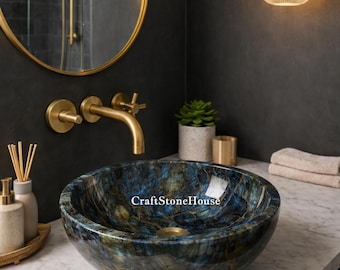 Round Labradorite Stone Sink Luxury Natural Gemstone Bathroom Vessel Basin Handmade Statement Vanity Bowl
