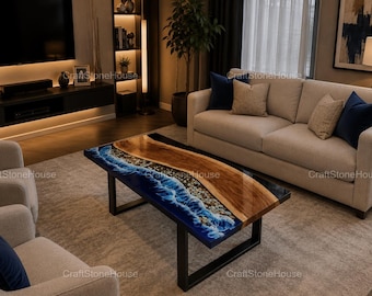 Mesa de comedor de resina con borde natural y tablero de madera y epoxi con diseño de olas del océano. Muebles elegantes para la decoración del hogar.
