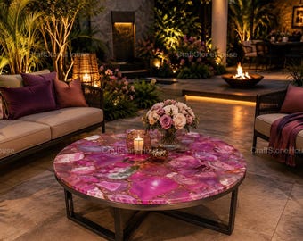 Handmade Pink Agate Stone Coffee Table Top Geode Living Room Furniture Luxury Garden Interior