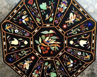 Black Marble Dining Table Top Octagon Shape Floral Bird Pietradura Inlay Antique Home Decoration Handicraft Furniture