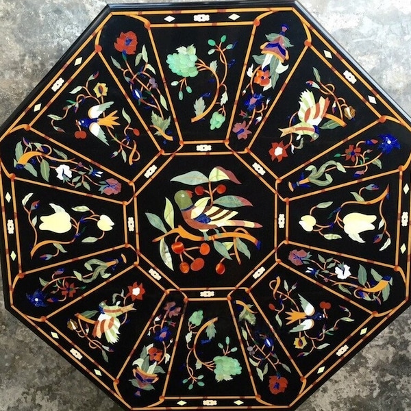 Black Marble Dining Table Top Octagon Shape Floral Bird Pietradura Inlay Antique Home Decoration Handicraft Furniture