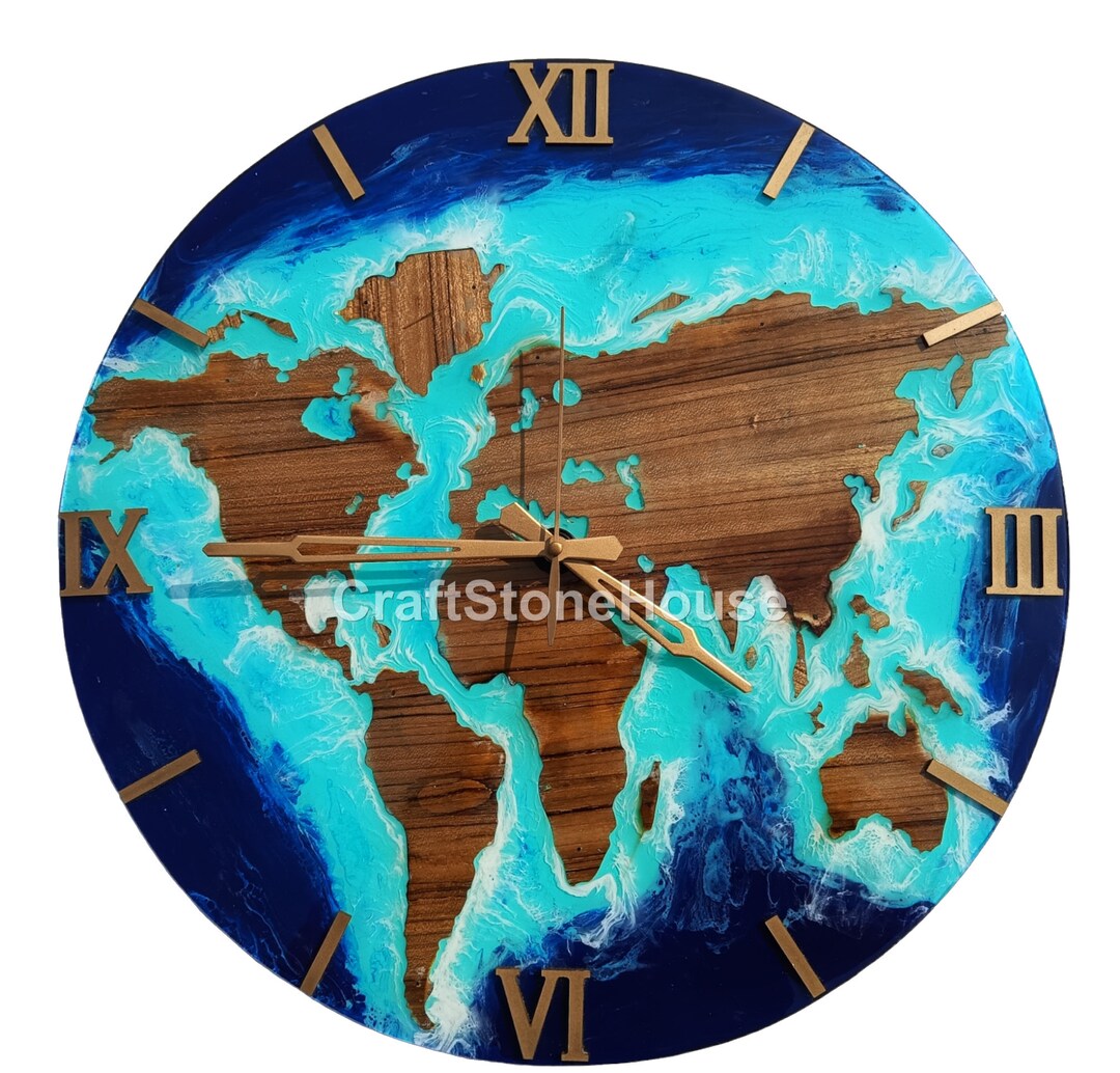 Custom Epoxy Resin World Clock, Wall Hanging Clock Handmade Mid Century