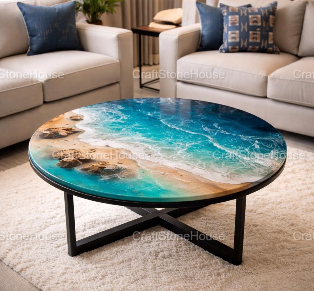 Ocean Epoxy Coffee Table Round Beach Resin Table Coastal Decor Handmade ...