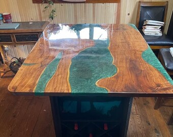 Green Epoxy Counter Table Top, Wood Dinning Table, Resin Table, River Sofa Table, Made To Order, Handmade Conference Room Office Furniture