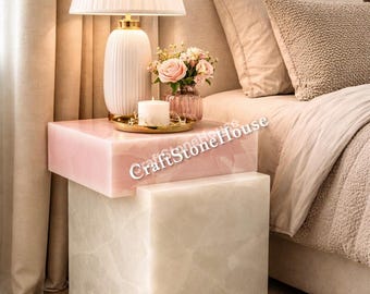Blush Pink Onyx Nightstand Luxury Marble Bedside Table Modern Minimal Side Table Premium Stone Furniture Chic Bedroom Accent