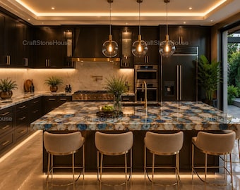 Blue Agate Slab Natural Gemstone Countertop Semi Precious Stone Table Top Luxury Kitchen Island Custom Agate Worktop Home Decor