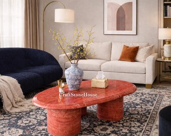 Luxury Oval Travertine Dining Table in Red Stone Modern Minimalist Living Room Centerpiece