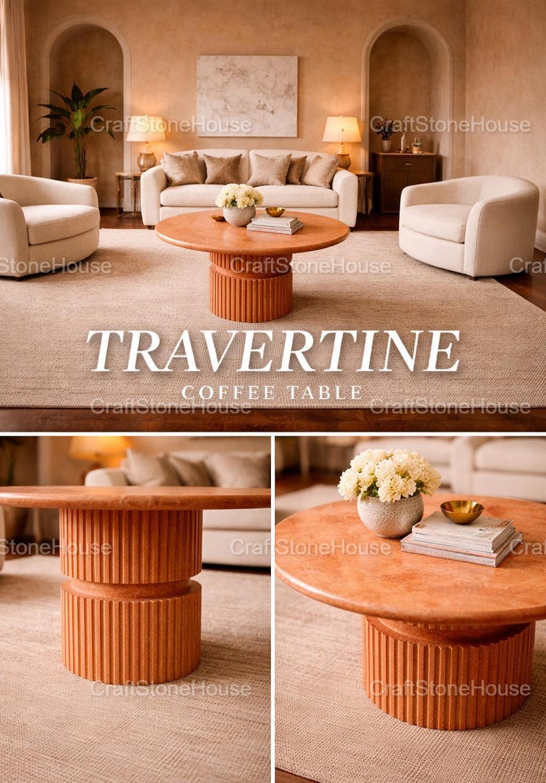 May include: A circular travertine coffee table with a fluted base. The table is a warm orange colour and is in a living room setting. The text "TRAVERTINE COFFEE TABLE" is displayed on the image.