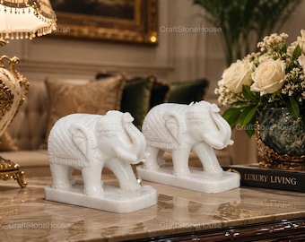 Handmade White Marble Elephant Statue, Lucky Elephant Pair, Marble Animal Sculpture, Luxury Home Decor, Housewarming Gift