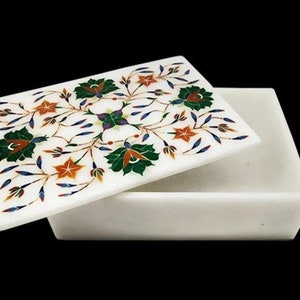 Pietradura Jewelry Box Marble Inlay Floral Semi Precious Gemstone Work