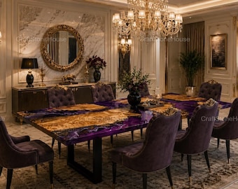 Luxury Purple Epoxy Resin Dining Table Handmade Burl Wood River Table Live Edge Rectangle Living Room Table Modern Custom Furniture