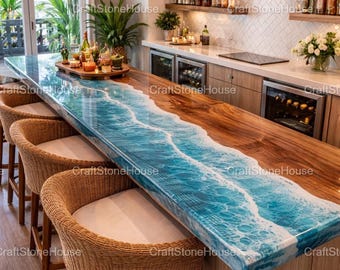 Custom Ocean Epoxy Table Resin River Bar Countertop, Mid Century Modern Handmade Kitchen Slab