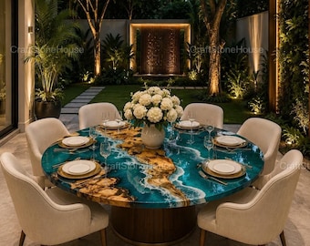 Luxury Epoxy Resin Coffee Table Round Ocean Blue Garden Table, Live Edge Wood Table Modern Center Table Handmade Living Room Furniture