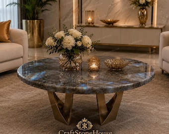 Round Labradorite Stone Coffee Table Luxury Handmade Gemstone Modern Living Room Furniture Blue Flash Stone Custom Designer Top