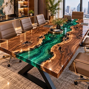 Può includere: Un grande tavolo da conferenza rettangolare caratterizzato da un piano in legno naturale con bordi irregolari e un inserto centrale a forma di fiume in resina verde smeraldo traslucida. Il tavolo poggia su una base in metallo nero ed è circondato da sedie da ufficio in pelle color cuoio.