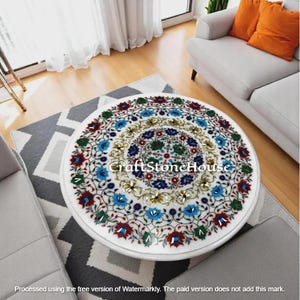 Round White Marble Center Coffee Table Semi Precious Inlaid Stone Mosaic Marquetry Art Fine Work Modern Living Room Decor Handmade Furniture