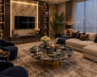 Black Agate Coffee Table Top Natural Gemstone Round Table Luxury Stone Center Table Modern Living Room Decor Custom Table