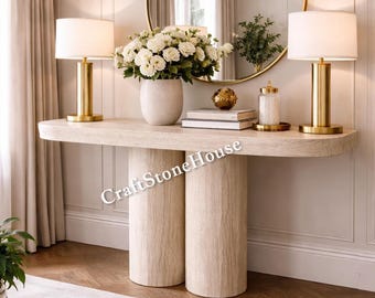 Travertine Console Table Modern Entryway Table Luxury Cream Stone Look Sofa Table Minimal Hallway Console Furniture