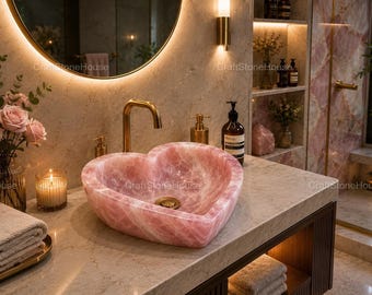 Pia de quartzo rosa artesanal em formato de coração, luxuosa cuba de pedra rosa para banheiro, pia de pedra preciosa natural, cuba de spa personalizada, decoração artesanal para casa.