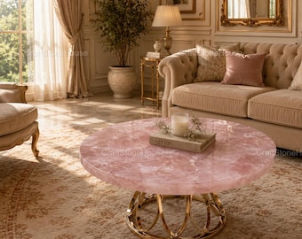 Rose Quartz Coffee Table Top Statement Crystal Furniture Pink Gemstone Table Luxury Living Room Table Handmade Stone Decor