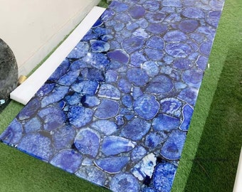 Blue Geode Agate Table Top, Rectangle Dinning Table, Agate Sofa Table, Office Meeting Table, Home and Office Interiors, Handmade Furniture