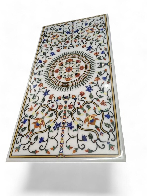 Handmade White Marble Table Top: Floral Lapis Lazuli Inlay, Luxury Decor