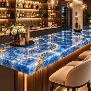 Puede incluir: Una isla de cocina con encimera de piedra de ágata azul pulida con vetas doradas, acompañada de taburetes de bar tapizados en beige. La isla incluye iluminación integrada bajo la encimera y una base oscura en un bar.