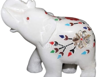 美しい白い大理石の象の置物5体セット。ギフト、装飾像、手彫りの像