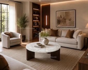 Round White Quartz Stone Coffee Table Modern Living Room Table Handmade Center Table