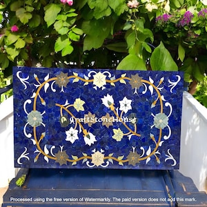 Royal Lapis Lazuli Rectangle Kitchen Dining Table Semi Precious Inlay Floral Arts Center Sofa Hallway Top Handmade Farmhouse Furniture