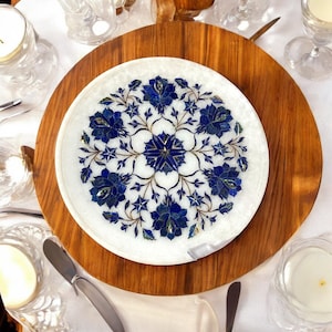 Elegant Handcrafted Marble Round Plate Lapis Lazuli Handmade Inlay Gemstones Floral Design Thanks Giving Gift Decor