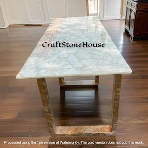 Gorgeous White Quartz Rectangle Dining Table Handmade Gemstones Kitchen & Bathroom Countertop Luxury Restaurant Cafeteria Interior Decors